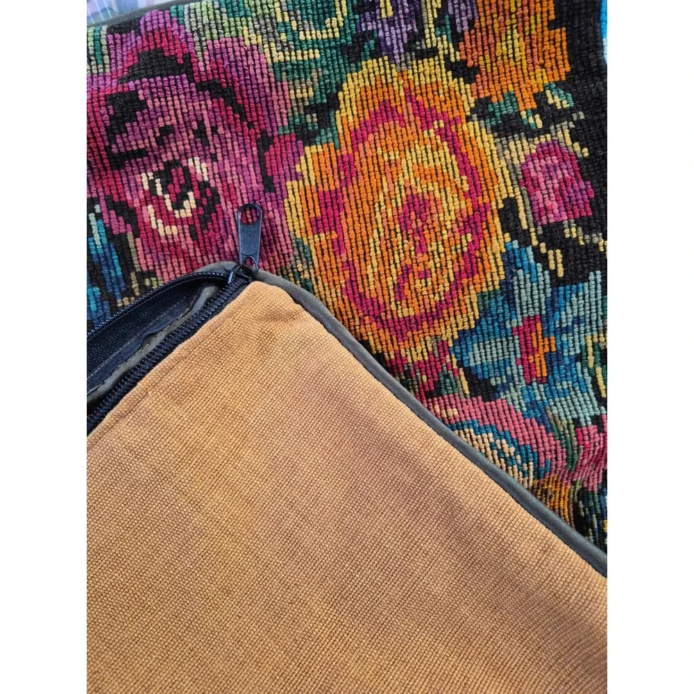 Vintage Needlepoint Floral Tapestry Lumbar Pillow Cover Multicolor Roses 23x9